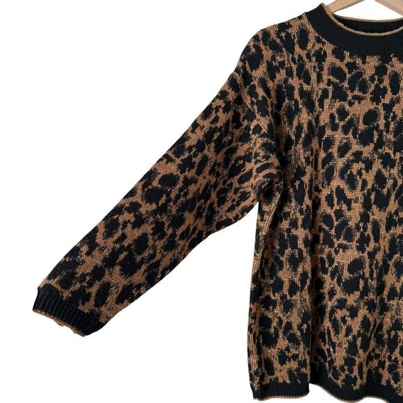 Vintage 80s Crewneck Leopard Pullover Knit Sweater Black Brown Metallic Gold, L - Picture 8 of 11
